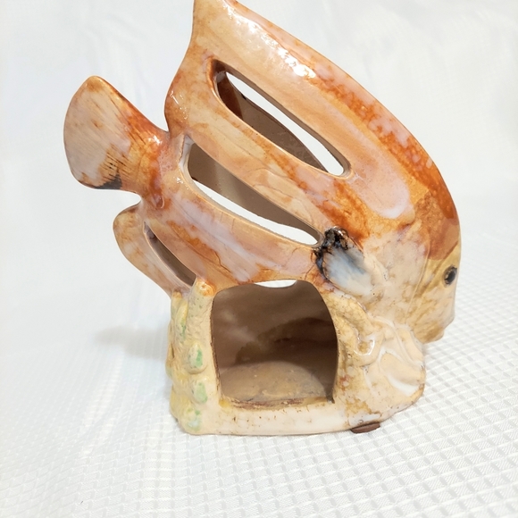 Fish Angelfish Tealight Pottery Candle Holder Artist Signed Ocean Beach - Picture 2 of 8